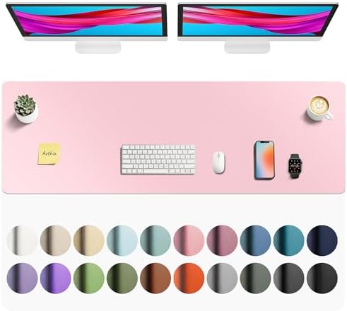 Aothia Faux Leather Desk Mat - Non-Slip PU Leather Desk Blotter, Waterproof Writing Surface, Large Desk Pad for Office & Home (Fairy Pink, 55" x 17")