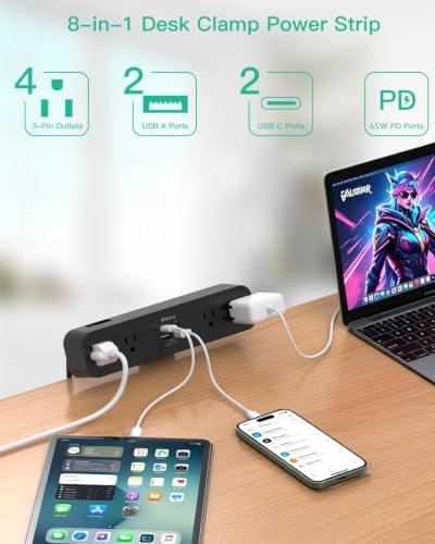 Mifaso PD65W Desk Clamp Power Strip, 1080J Surge Protector, 2 USB C