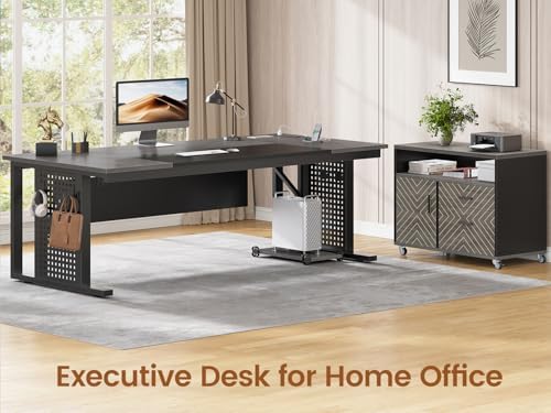 SEDETA 71" Executive Desk with Rolling File Cabinet, Large Office Desk with Drawers, L Shaped Computer Desk with Power Outlets, CPU Stand, Pegboard and Storage Shelves, Gray