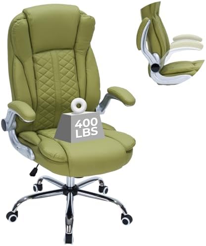 400lbs Executive Office Chair with Flip-Up Armrests, Big and Tall Computer Chair for Heavy People, Heavy Duty Ergonomic Comfy Chair, Breathable PU Leather (Green)