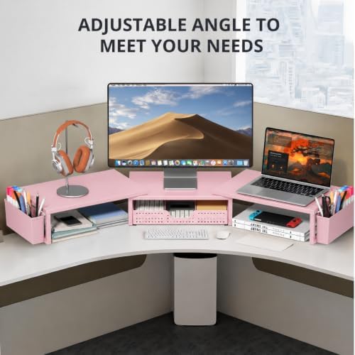 OPNICE Desk Organizers and Accessories, Dual Monitor Stand Riser with Drawer and 2 Pen Holders, Desk Shelf Computer Racks for Office Workspace Organizers, Desktop Organization (Peach-Pink)