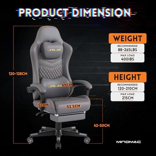 Gaming Chair,Big and Tall Gaming Chair 400lbs Office Chair with Footrest, 90-155° Recline & Removable Headrest Lumbar Support[Spring + 4D Sponge](Grey)