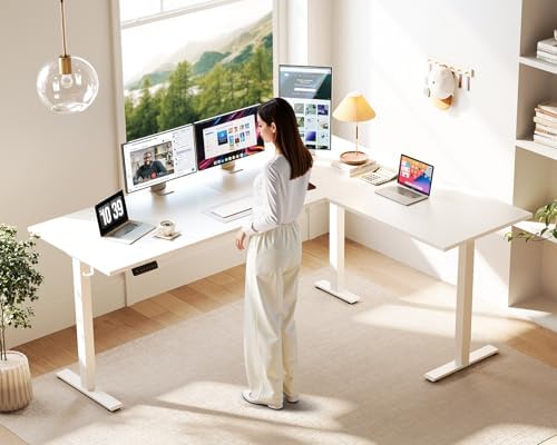 Casaottima 71 Inch L Shaped Electric Standing Desk, Home Office, White
