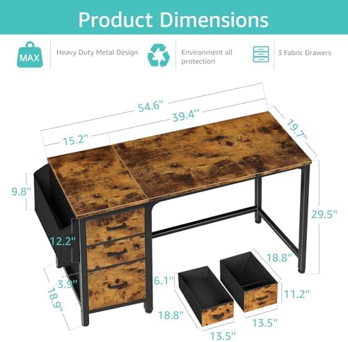 Lufeiya Computer Desk with Fabric File Drawers Cabinet, 55 Inch Reversible Home Office Desks with Filing Cabinet for Small Space, Study Writing Table PC Desks with Storage for Bedroom, Rustic Brown
