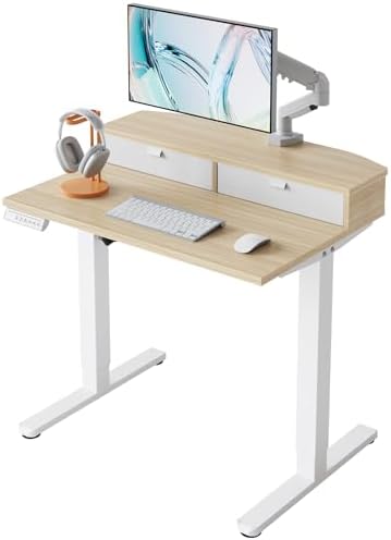 HUANUO 32" X 21" Electric Standing Desk with 2 Drawers, C-Clamp Mount Compatible, Height Adjustable Computer Desk, Home Office Stand Up Desk with 4 Preset Heights & 2 Hooks, Light Walnut
