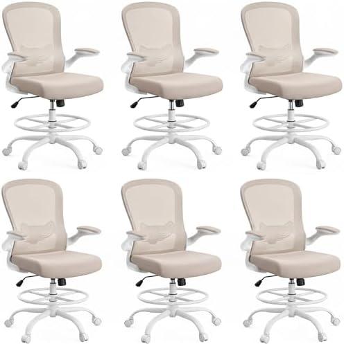 ErGear Drafting Chair,Tall Office Chair with Flip-Up Armrests, High Desk Chair Adjustable Height and Adjustable Footrest Ring, Ergonomic Standing Desk Chair with Lumbar Support, Khaki,6 Pack