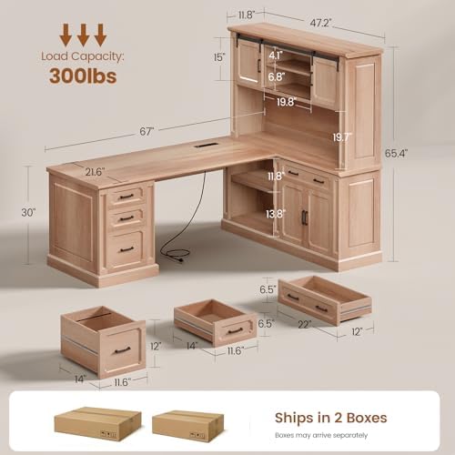 SEDETA 67" Farmhouse Executive L Shaped Desk with Hutch & Storage