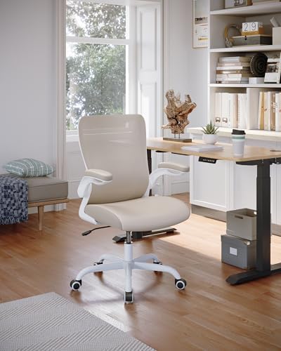 MUXX.STIL Office Chair, PU Leather Ergonomic Desk Chair with Adjustable Lumbar Support and Flip up Armrest, Breathable Mesh Computer Chair for Home Office, Khaki