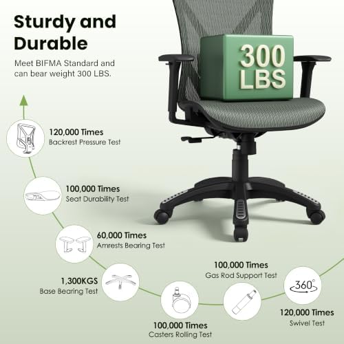 Ergonomic Office Chair, Mesh Computer Desk Chairs with BIFMA X5.1 Certified, Adjustable Lumbar Support, 3D Arm, Tilt Back, Wide Seat, Comfy Swivel Work Task Chair for Company and Home (Forest Green)