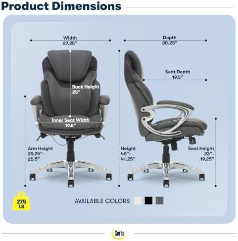 Serta Bryce Executive Office Chair - Ergonomic Computer Desk Chair with Patented AIR Lumbar Technology - Adjustable Height - Memory Foam Body Pillows - 360° Swivel Rolling Base - Bonded Leather - Gray | Bryce, Memory Foam Seat Cushion Desk Chair, Padde...