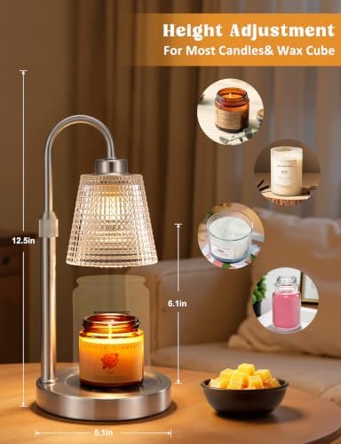 Satin Nickel Candle Warmer Lamp with Timer, Dimmable Candle Warmer for Jar Candles, Height Adjustable Wax Melts Warmer, Birthday Gifts for Women Mom, House Warming Gifts New Home Decor