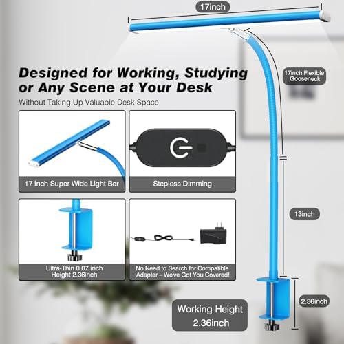 Airlonv LED Desk Lamp with Clamp, 17" Stepless Dimming Light, Blue