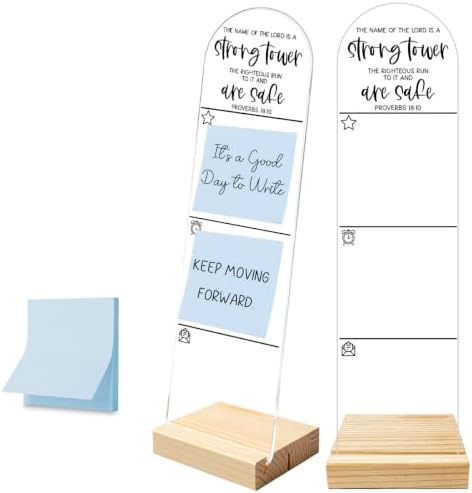 Monitor Memo Board, Sticky Note Holder, Message Board, Acrylic Desk Organizer with Wooden Base with 100Pcs Notes The Name of The Lord is A Strong Tower Proverbs 18:10