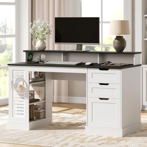 55-Inch Farmhouse Executive Desk with 2 Drawers and File Cabinet, Computer Desk with 3-Tier Storage Shelves, Home Office Desk with Charging Station, Pegboard and Monitor Shelf, White and Black