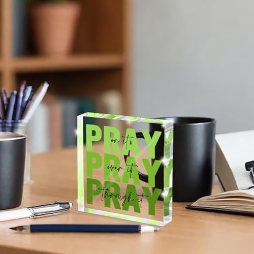 Ideal Christian Gifts for Women - Pray On It,Pray Over It - Bible Verse Desk Art, Inspirational Decor, Green Dorm Room Decor for Women, Desk Decorations for Office, 4 x 4 inches（Green）