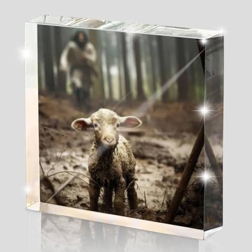 Christian Jesus And Lamb Religious Acrylic Desktop, Spiritual Gifts for Christian Women, Home Decor for Everyday Encouragement, Lost Lamb Themed Office And Faith-Based Home Decor 4x4 Inch
