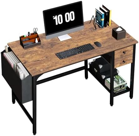 Lufeiya Computer Desk with Drawers - 40 Inch Work Reversible Small Desk for Bedroom Home Office, Simple Study Writing Table PC Desks with Drawer Storage Shelves, Rustic Brown