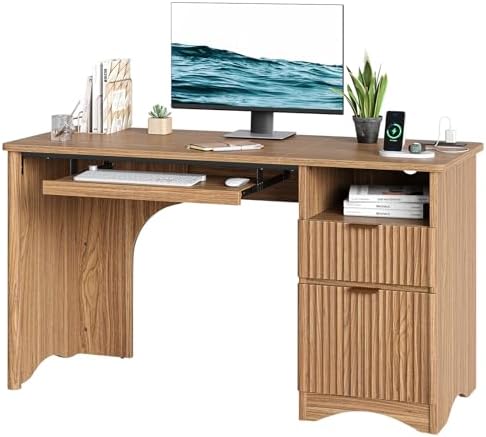 Bestier 55 Inch Computer Desk with Drawers, Power Outlet, Brown Oak