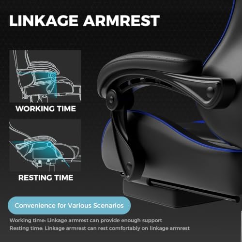GTPLAYER Gaming Chair, Computer Chair with Footrest and Lumbar Support, Height Adjustable Game Chair with 360°-Swivel Seat and Headrest and for Office or Gaming (Faux Leather, Blue)
