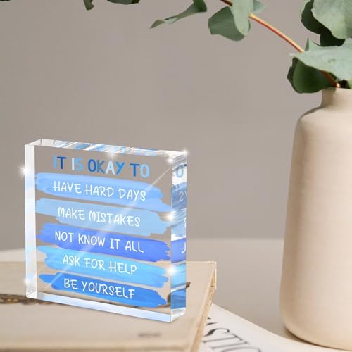 Mental Health “It Is Okay To...” Desk Sign - 4x4 Inch Blue Acrylic Affirmation Decor for Women, Therapy Office Decor, Self-Compassion Gifts, Anxiety Relief & Positive Workspace Accessories