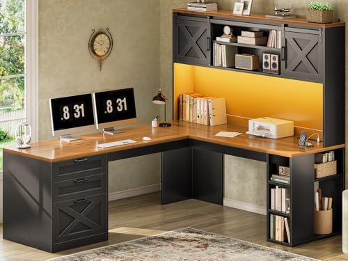 SEDETA 67" Farmhouse L Shaped Desk with Hutch, Black+Brown