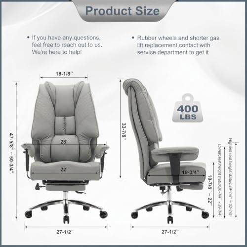 EXCEBET Big and Tall Office Chair 400lbs Wide Seat, Leather High Back Executive Office Chair with Foot Rest, Ergonomic Chairs Lumbar Support for Lower Back Pain Relief (Light Grey)