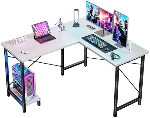 DUMOS 50-Inch Reversible L Shaped Desk with CPU Shelf, White