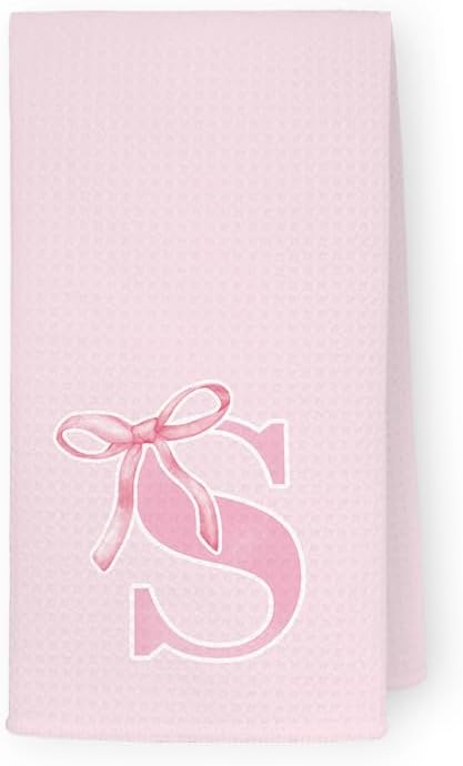 Monogrammed Initial S Hand Towels for Bathroom, Personalized Gifts for Women Girls Birthday Christmas, Coquette Preppy Pink Bows Waffle Kitchen Dish Tea Towels with Initial, 16x24 Inch