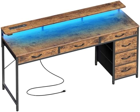 Huuger Gaming Desk with 6 Drawers, Computer Desk with LED Lights Power Outlets and Type-C, 55 Inch Office Desk with Storage, Monitor Stand, Writing Desk for Home Office, Rustic Brown, 1CD102F