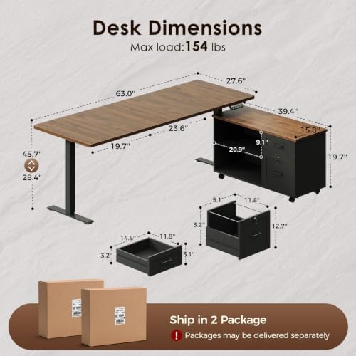 OffiGo 63" L Shaped Electric Standing Desk with Cabinet Sets, Walnut/Black