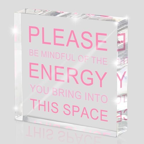 Please Be Mindful of The Energy Desk Sign - 4x4 Inch Pink Acrylic Office Decor for Women, Therapist Room Decor, Positive Workspace Sign, Calm Office Accessories & Wellness Gift