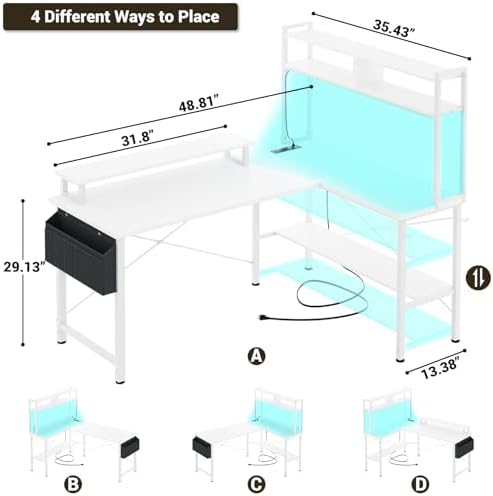 Aheaplus L Shaped Gaming Desk with Power Outlets & LED Lights, White