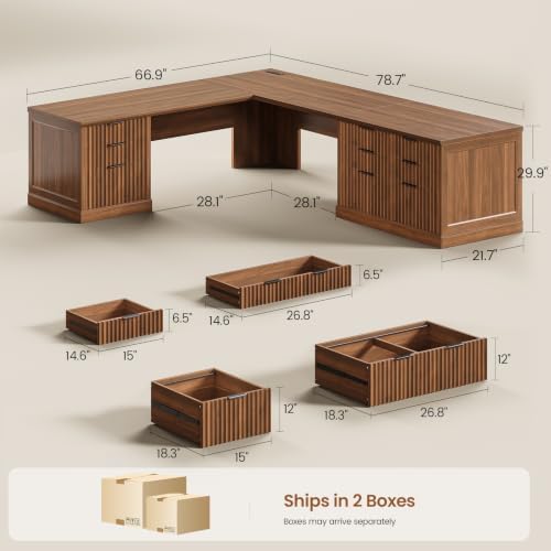 SEDETA Fluted 78.8" L Shaped Desk with 6 Drawers, Fluted Brown