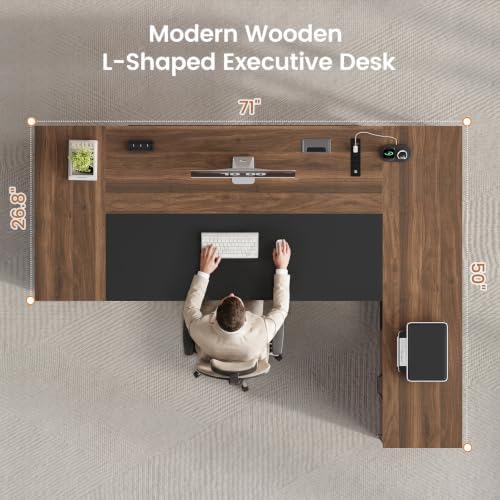 71" L Shaped Corner Home Office Desk, Large Executive Computer Desk with Lockable File Cabinet, 2 Drawers, Storage Cabinet, Power Outlets, CPU Stand, Storage Shelves & Modesty Panel, Walnut