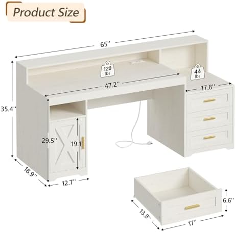 TVU 65" White Computer Desk with Drawers and Printer Stand for Home Office