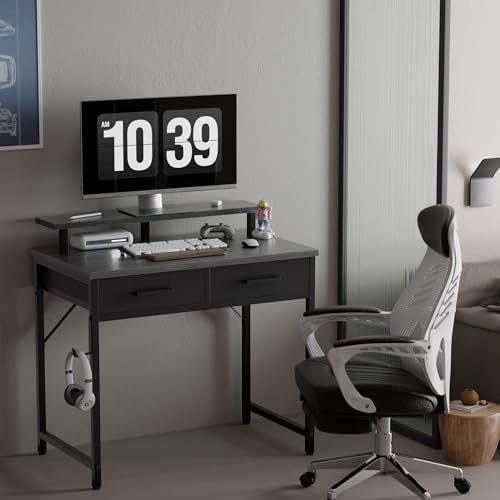 Pamray 32 Inch Small Computer Desk with Monitor Stand and 2 Drawers