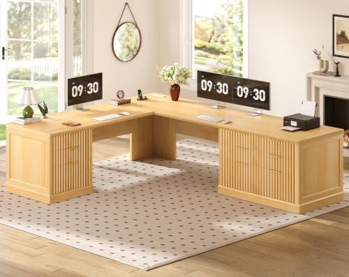SEDETA Fluted 78.8" L Shaped Desk with 6 Drawers, Fluted Oak