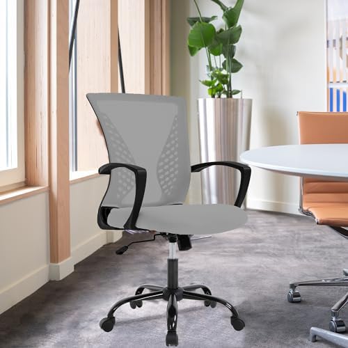 FDW | Mid Back Office Chair | Grey | with Lumbar Support, 360 Swivel