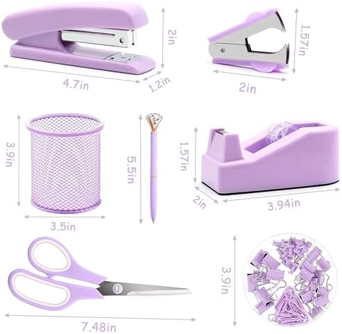 Purple Desk Accessories, Purple Office Supplies, Stapler, Staple Remover, Tape Holder, Pen Holder, Ballpoint Pen, Scissor, Binder Clips, Paper Clips and 1000pcs Staples.