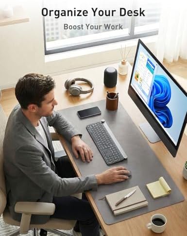Aothia Faux Leather Desk Mat - Non-Slip PU Leather Desk Blotter, Waterproof Writing Surface, Large Desk Pad for Office & Home (Light Grey, 55" x 17")
