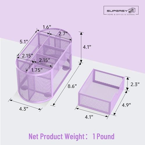 Mesh Desk Organizer with Drawer, 9-Compartment Pen Holder for Desk, Purple