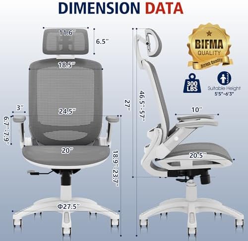 GABRYLLY Ergonomic Office Chair, High Back Home Desk Chair with Headrest, Flip-Up Arms, 90-120° Tilt Lock and Wide Cushion, 300LBS Mesh Chairs for Man Woman, White Task Chair(Dark Grey,GY01WDG)