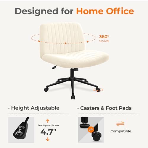 NEO CHAIR Criss Cross Chair with Wheels Armless Cross Legged Office Desk Wide Comfy Vanity Makeup Chair Adjustable Swivel Rolling Computer for Home Office Fabric (Beige)