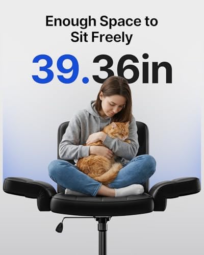 HUANUO Criss Cross Chair with 6-Point Adjustable Armrests, Pet-Friendly Criss Cross Office Chair, Comfortable Cross Leg Chair with Wide Seat, Durable PU Leather, Side Storage Pocket, Easy Assembly