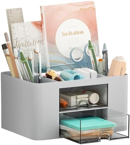 Marbrasse Pen Organizer with 2 Drawer, Multi-Functional Pencil Holder for Desk, Desk Organizers and Accessories with 5 Compartments + Drawer for Office Art Supplies (Grey)