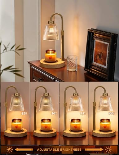 Wood Color& Clear Candle Warmer Lamp with Timer, Dimmable Candle Warmer for Jar Candles, Height Adjustable Wax Melts Warmer, Birthday Gifts for Women Mom, House Warming Gifts New Home Decor