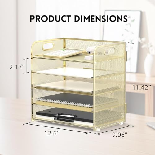 Supeasy 5 Trays Paper Organizer Letter Tray with Handle-Mesh Desk File Organizer, Paper Sorter Desk Organizer for Office, Home or School (Golden)
