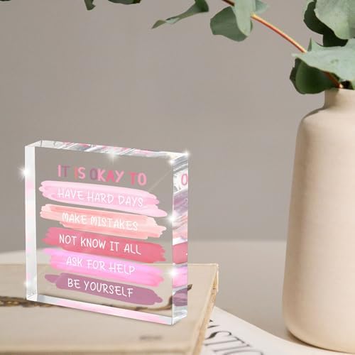 Mental Health Decor - Pink Office Decor Ornaments Teacher Desk - Inspirational Gifts For Women - Mental Health Present Positivity Recovery Self Care Encourage Gifts (4x4 inches)