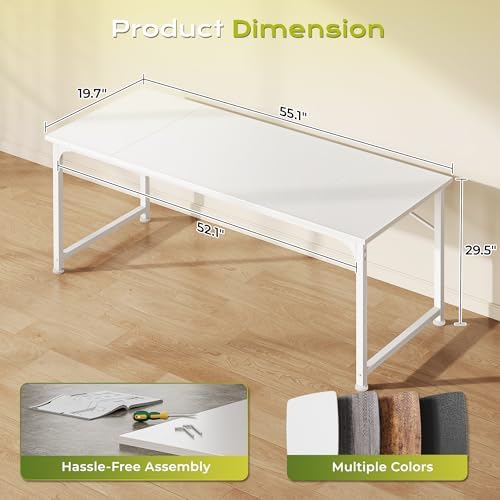 PRAISUN 55 Inch Computer Desk, Office Desk, Spacious Desktop, White