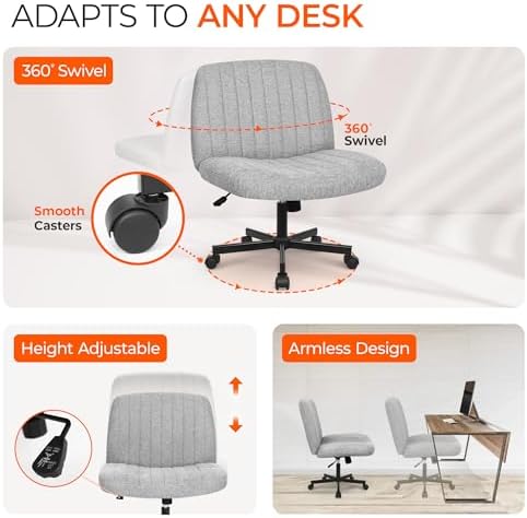 Orange Factory Criss Cross Chair, Wide Fabric Vanity Desk Seat, Grey Wheel